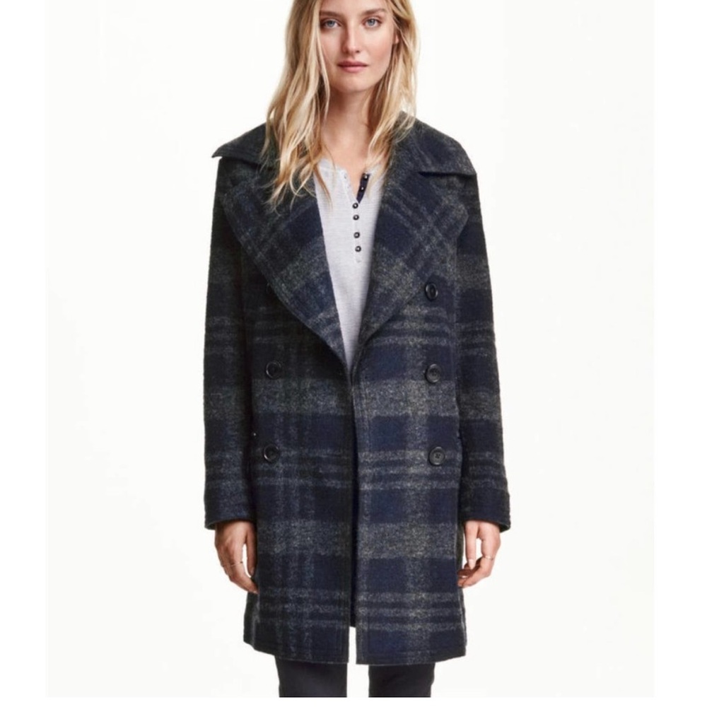 H&M Plaid Wool Blend Pea Coat Sz 2
